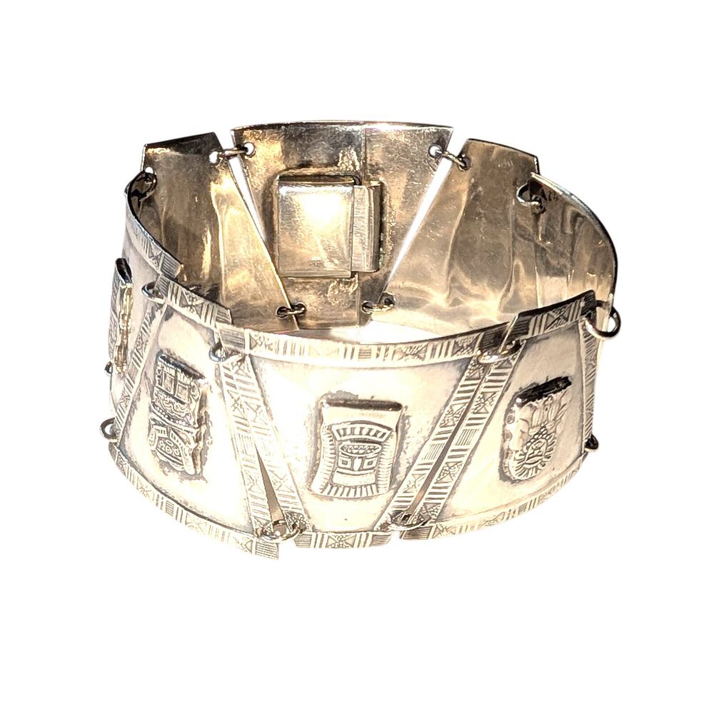 900 Fine Silver Peruvian Story Link Panel Bracelet 7.25 inches long - Picture 5 of 12